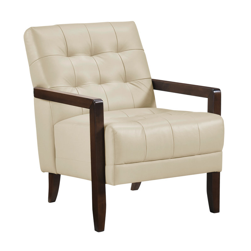 Fauteuil contemporain en cuir beige, respirant et d'appoint avec accoudoirs roulés au fini noyer, Beige