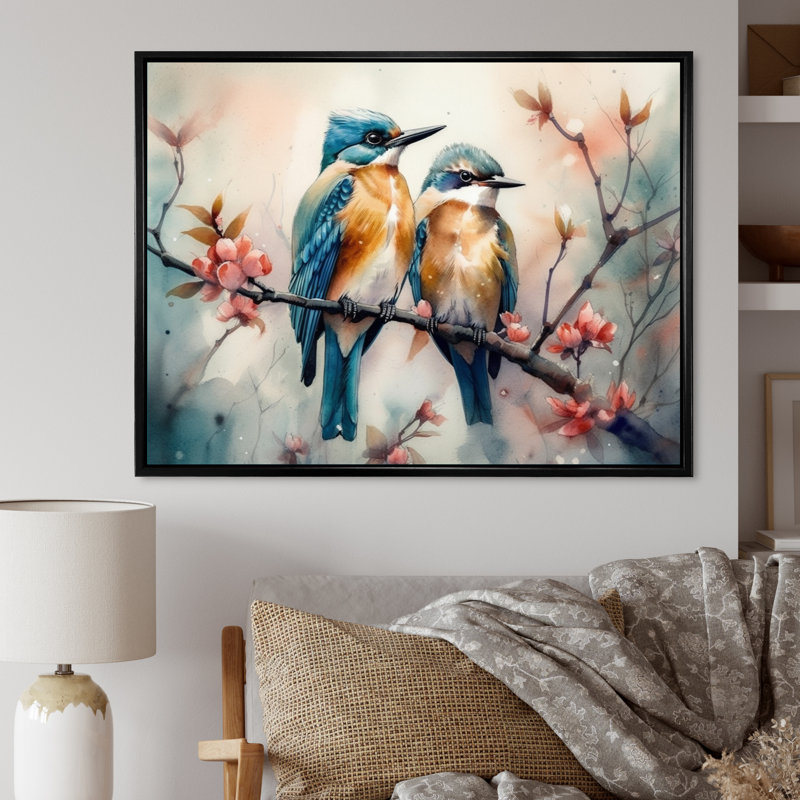 Oiseaux bleus assis sur une branche d'arbre IV - reproduction, H 12 po x l 20 po x P 1 po, Cadre flottant noir