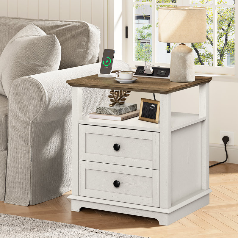 Danforth 2 Drawer Nightstands with Storage and Built-in Charging Station, White