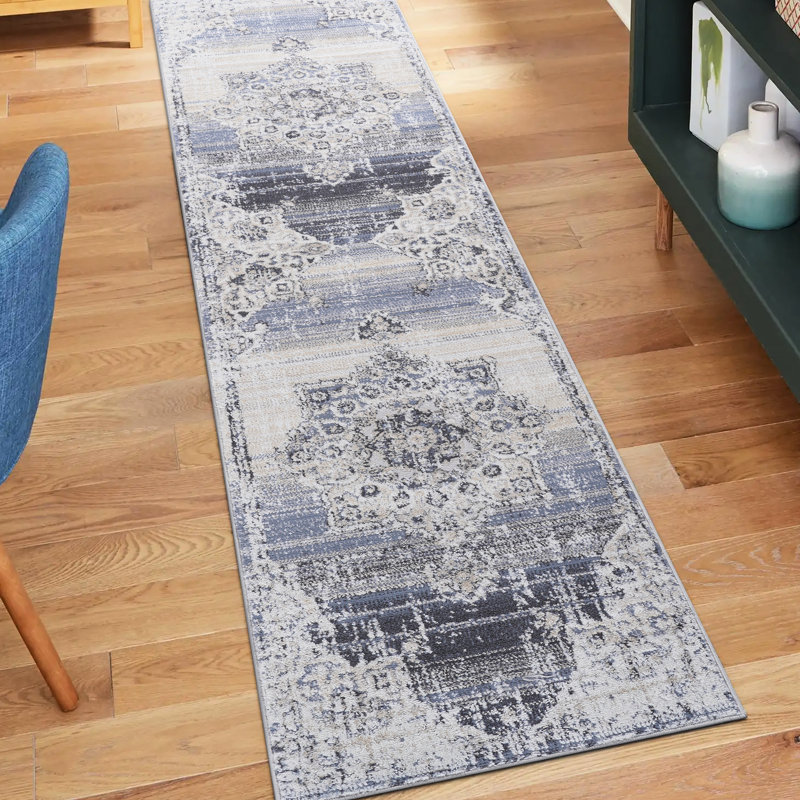 Non-Shedding Area Rug, Stain , For Home Office & Various Rooms - 2X8 Cream/Blue Medallion -, Offices, Runner 2'2" x 7'11"