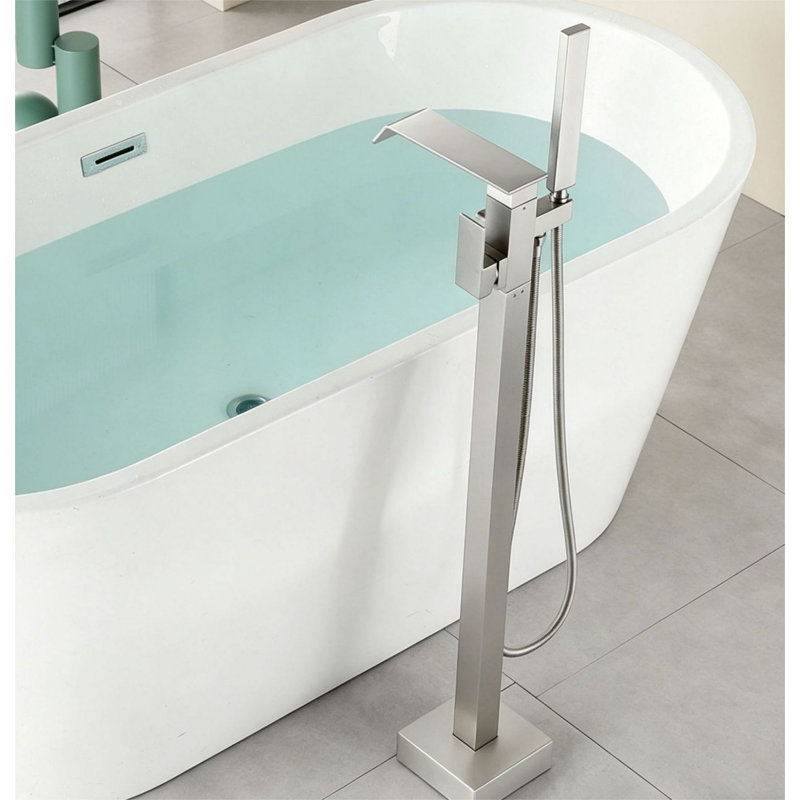 Freestanding Tub Filler Floor Mount Bathtub Faucet With Handheld Shower, Brushed Nickel