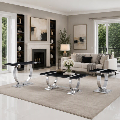 Ensemble de salon de luxe de style contemporain 3 pièces, 1 table basse, 1 table de bout, 1 table de canapé, base en tréteaux, finition noire et argentée
