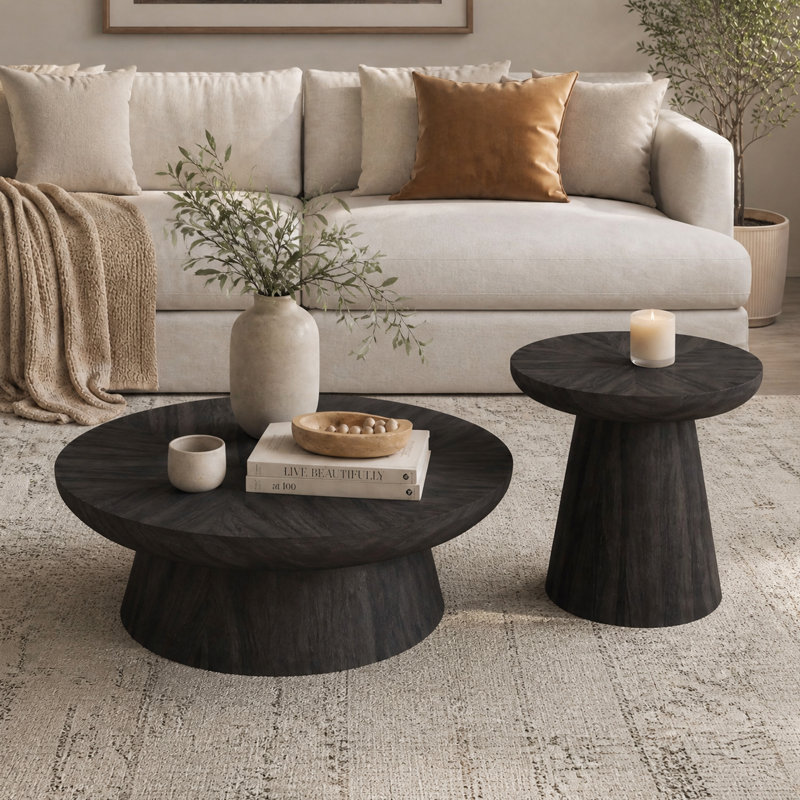 Ensemble de 2 tables basses rondes en bois noir, ensemble de tables basses gigognes en bois massif pour le salon, Noir