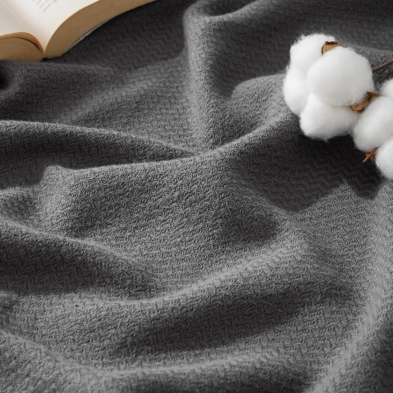 Bedsure 100% Cotton Blanket Soft Cozy Textured Herringbone Woven Blanket for All Seasons,  Dark Gray, Oversized King