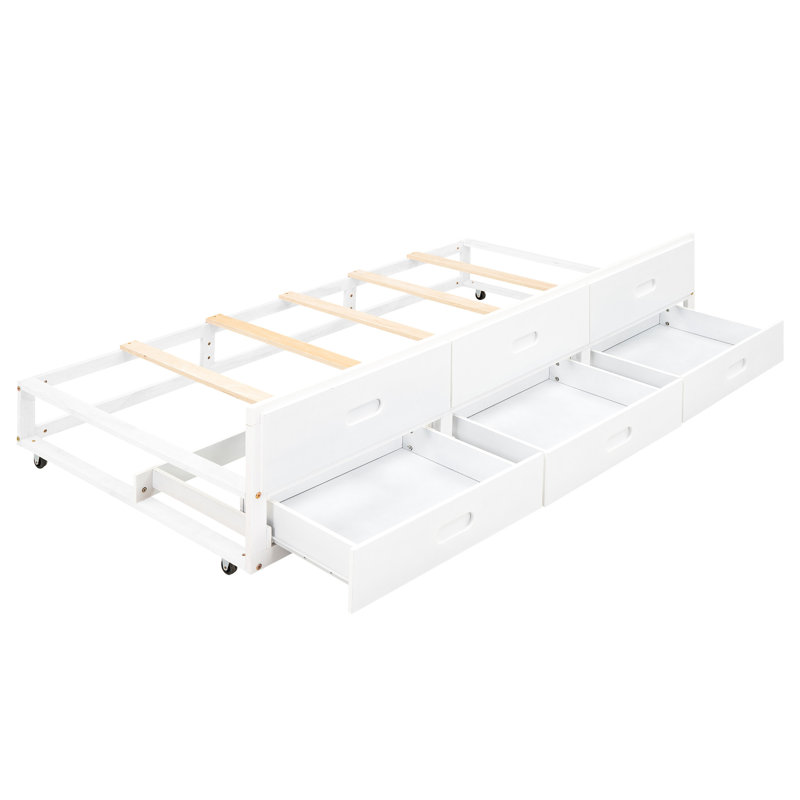 Lit plateforme double avec tête de lit et 3 tiroirs, lit gigogne simple, tiroirs de charge en bois massif blanc