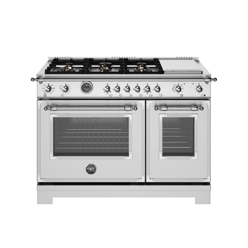 Heritage Series Dual-Fuel Range 48" - 6 Brass Burners + Electric Griddle- Self-clean Oven - Ivory Gloss Finish, Black