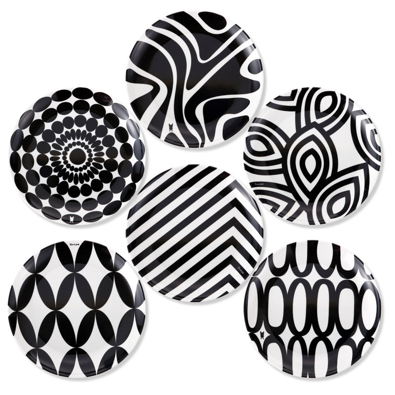 Black and White Geometric Melamine Appetizer Plates, Set of 6