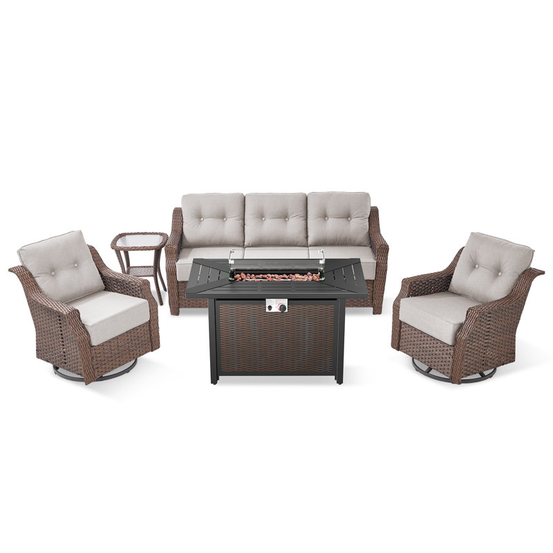 Elona 5-Piece Outdoor Wicker Patio Conversation Set With Rectangle Metal Fire Pit, Swivel Gliders And Side Table For Patio
