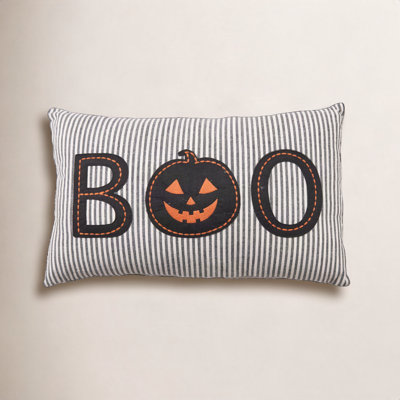 Cotton Striped Lumbar Pillow With Pumpkin Applique