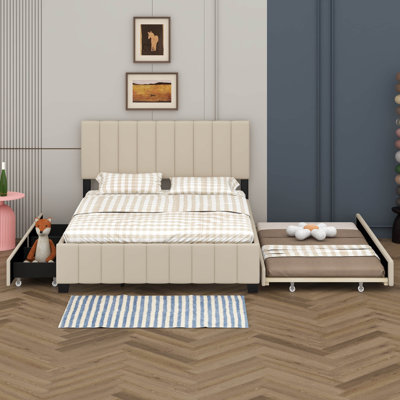 Queen Size Wood Bed With 2 Drawers, Velvet Upholstered Platform Bed With Twin XL Trundle, Wood Slat Support