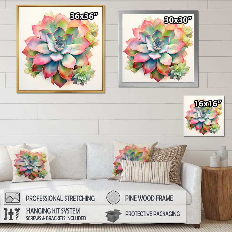 «Blossoming Succulent Tender Retro Blue and Pink I» sur toile, Cadre naturel flottant, 16" H x 16" W