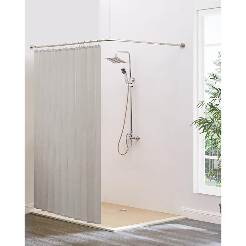 Adjustable Silver Gray L-Shaped Corner Shower Curtain Rod with Ceiling Support