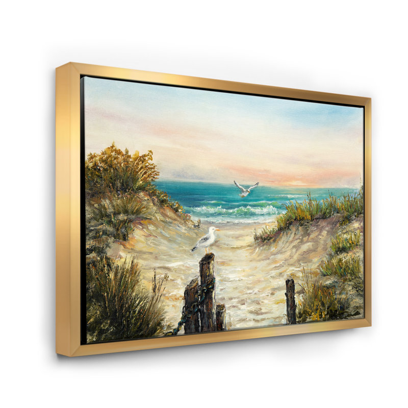 Dunes de l'océan pendant un coucher de soleil rose - peinture sur toile, H 12 po x l 20 po x p 1 po, Cadre flottant doré