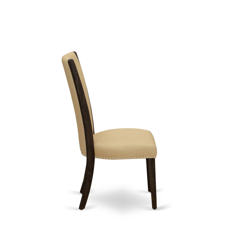Distressed Jacobean 48'' Round Wood Dining Set with Beige Linen Chairs
