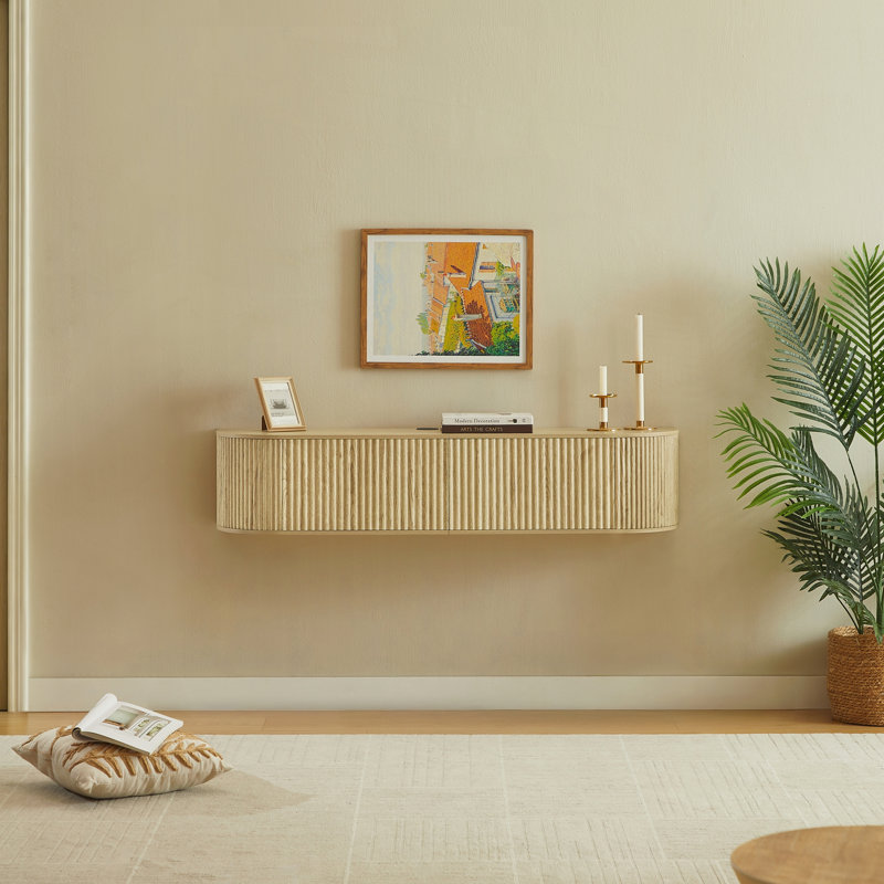 Meuble télé 55 po mural flottant avec portes cannelées, console multimédia de grande capacité avec trous de gestion des câbles pour la chambre à coucher du salon