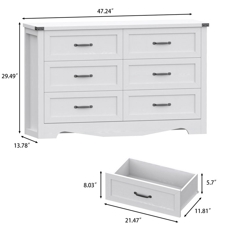 Jennievieb 6 - Drawer Dresser 47.24'' Wooden Chest Of Drawers Black With Metal Handle, White