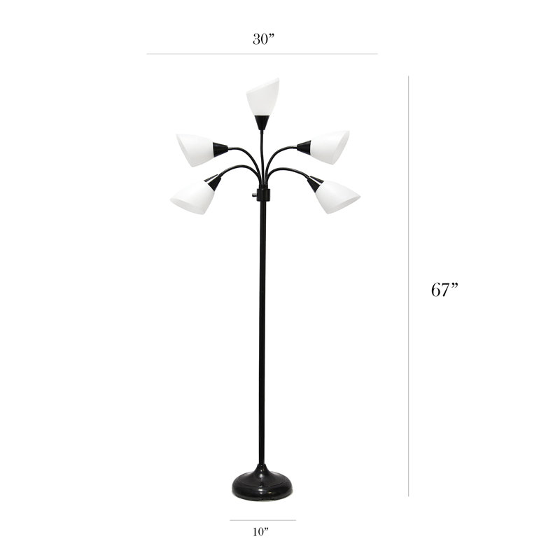 Lampe sur pied à col-de-cygne réglable à 5 têtes et à lumières multiples de 67 po Simple Designs, Noir, noir, noir, noir