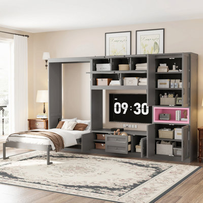 Twin Size Wooden Murphy Bed With Tv Stand, 2 Drawers, Shelves And Cabinets