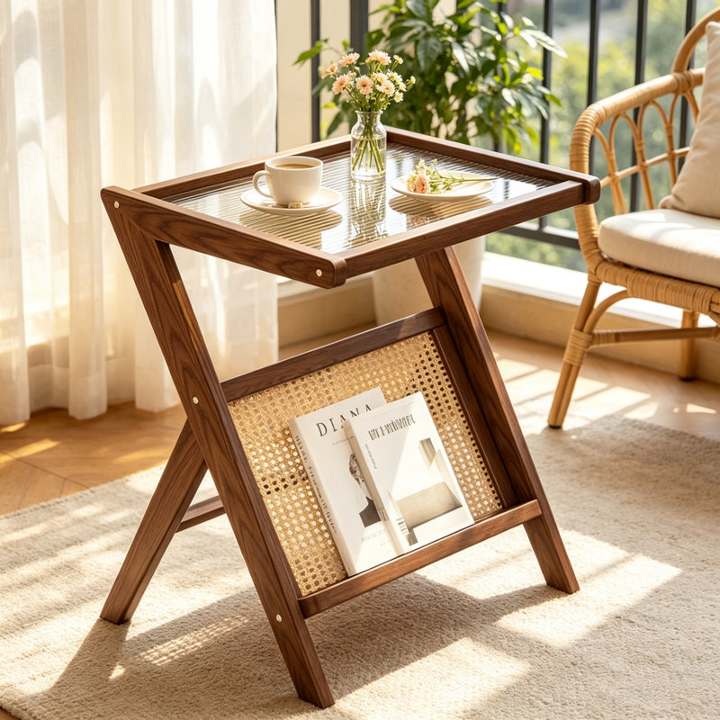Table d'appoint en bambou et rotin, table d'appoint en acrylique gaufré en forme de Z