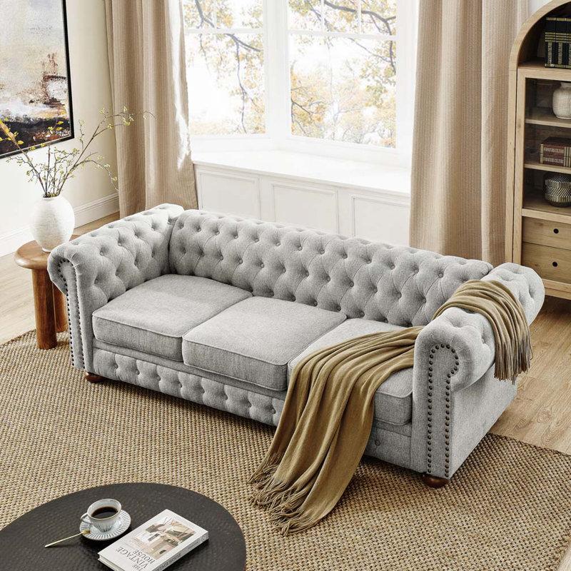 Chesterfield Sofa Tufted Linen Upholstered 3-Seater Sofa, Gray Linen