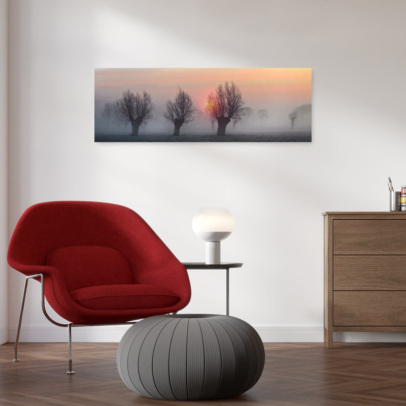«Misty Dawn Trees Peaceful Serene Tranquil Landscape Nature», art mural, 12" H x 36" W