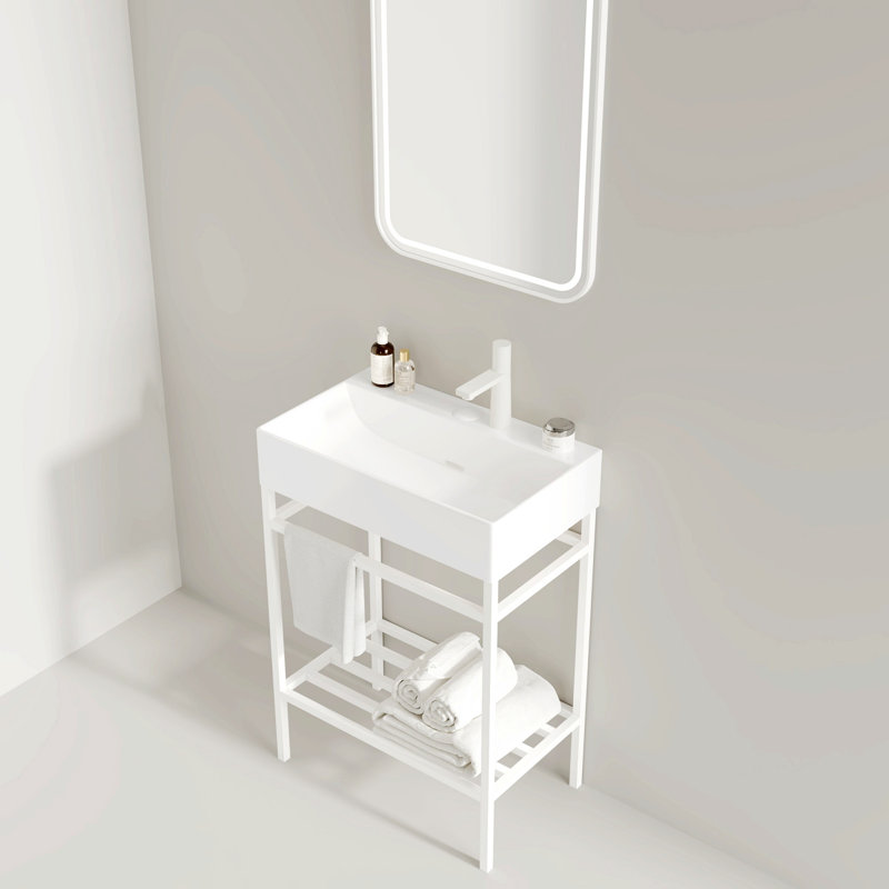 Meuble-lavabo contemporain avec lavabo rectangulaire en céramique et pieds en métal, Blanc