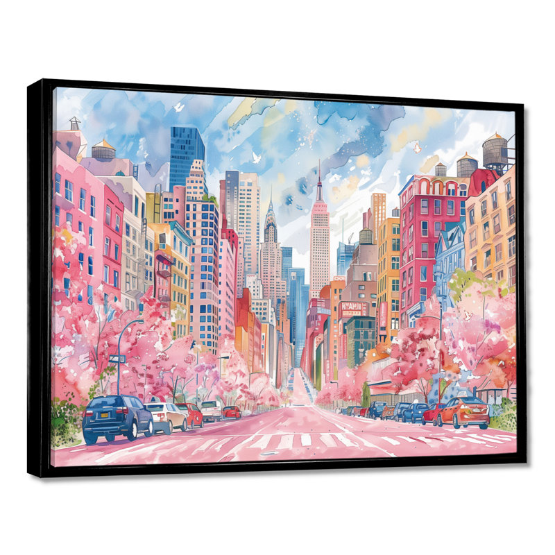 Rose, bleu, bâtiments de New York en été - salon d'art mural de New York, Toile tendue, H 16 po x l 32 po