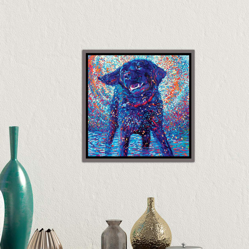 «Canines and Color» par Iris Scott - impression d'art graphique, Toile encadrée de bois rustique foncé