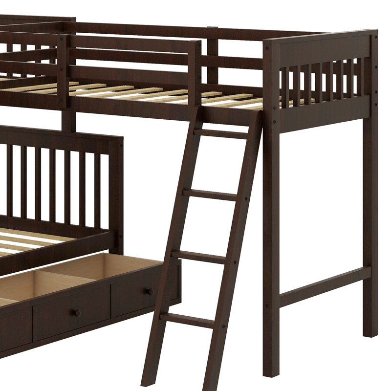 Lit superposé en L avec 3 tiroirs, échelle et escalier, Espresso