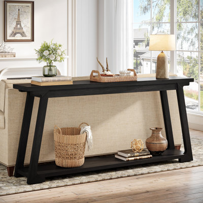 62.99" Solid Wood Sofa Console Table With 2-Tier Storage Shelves For Living Room, Entryway