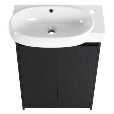 Meuble-lavabo de 23 po avec lavabo. Structure compacte moderne. Action de porte à fermeture en douceur. Compartiment de rangement spacieux. Teinte châtaigne noire. Meuble-lavabo simple à nettoyer, autoportant, châtaignier, porte,
