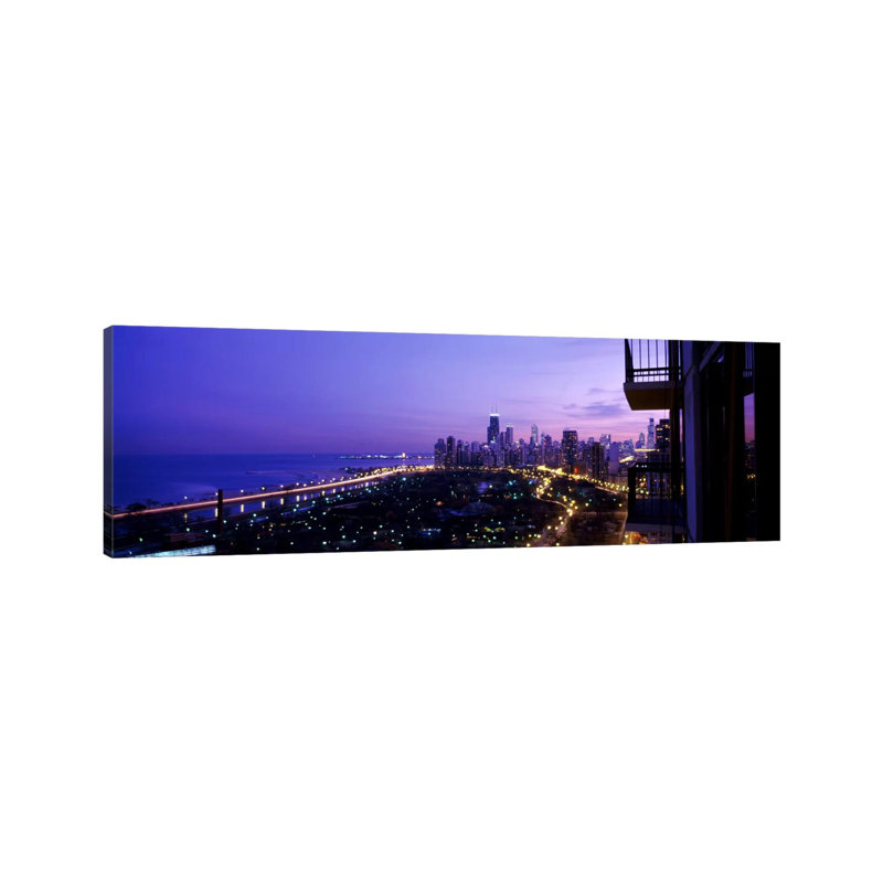 High Angle View of a City at Night, Lake Michigan, Chicago, Cook County, Illinois, USA 1 Piece Wrapped Canvas Panoramic Wall Art