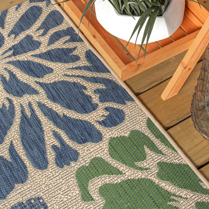 Hagy Modern Floral Textured Weave Navy/Green Indoor/Outdoor Rug, Rectangle 3'1" x 5'