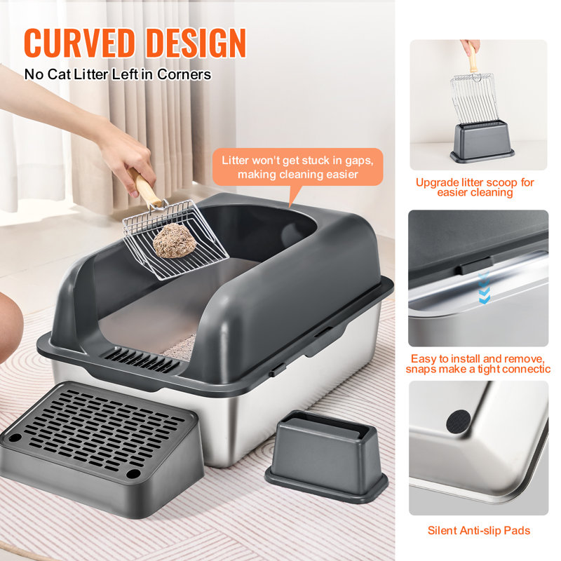 Extra Large Dark Gray Stainless Steel Covered Cat Litter Box with Scoop