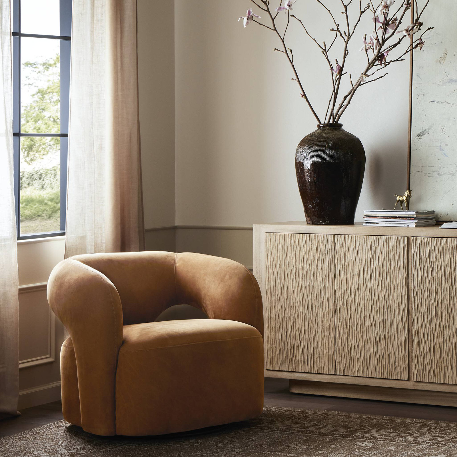 Novella Swivel Chair-Monte Olive, Nubuck Cognac Top Grain Leather