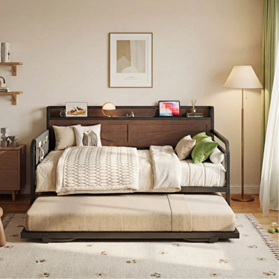 Lit de jour simple avec couchette escamotable, tête de lit et station de charge, support solide, noyer