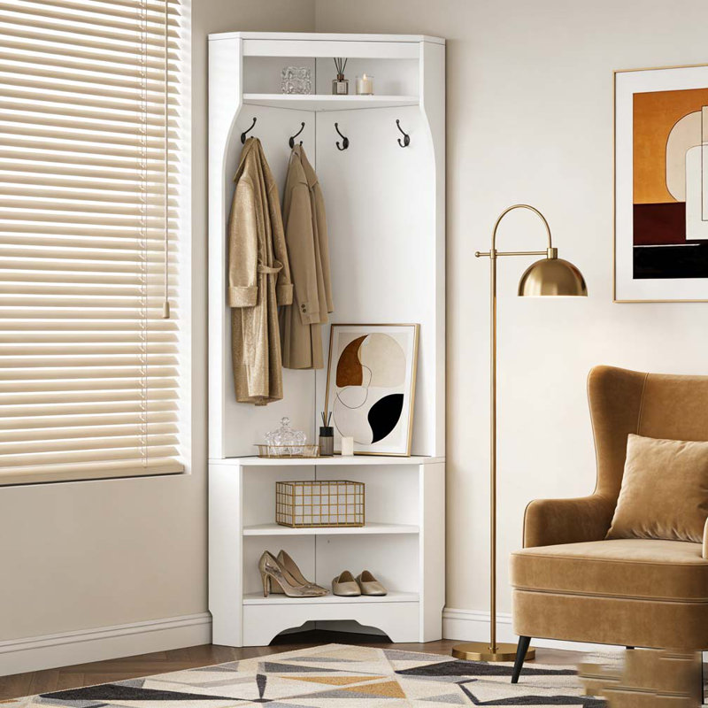 Minimalist Corner Hall Tree with Shoe Bench, White