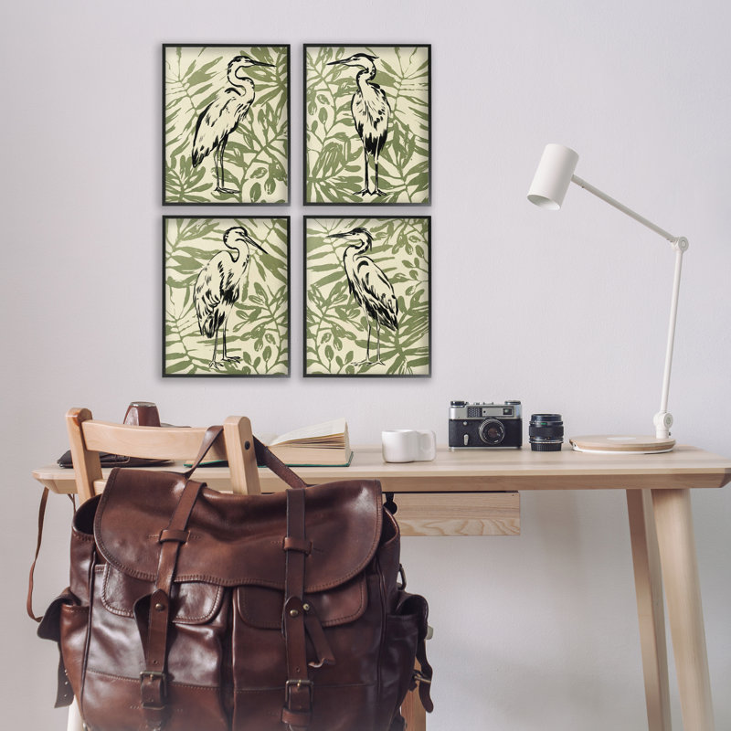  «Tropical Herons with Leaves», ensemble de 4 giclées par June Erica Vess, H 14 po x l 11 po, Giclée encadrée noir minuit