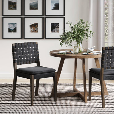 Tabouret en similicuir tissé avec pieds en bois massif
