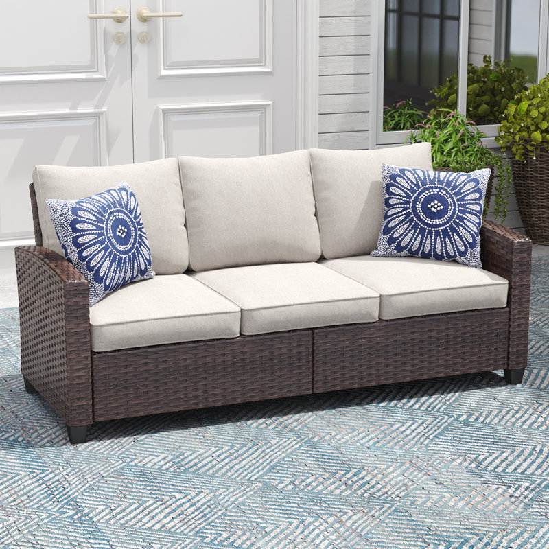 71" Hand-Woven Wicker Outdoor Sofa, Beige, Brown