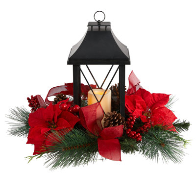 15In. Holiday Poinsettia, Pinecone And Greenery With Lantern And Included LED Candle Artificial Table Christmas Arrangement