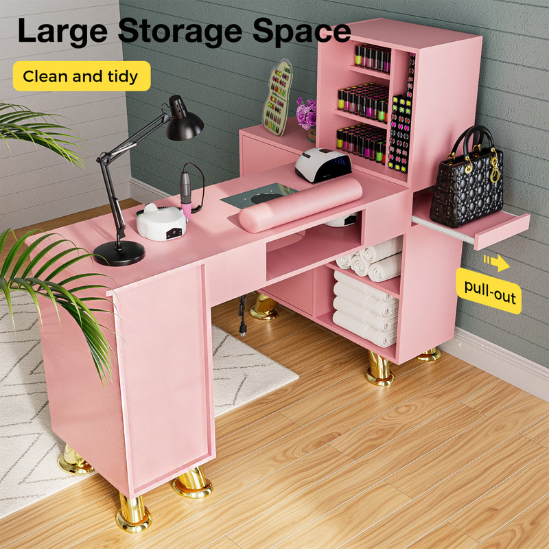 Table de manucure en L avec tiroirs et tablettes Avriel, Rose/Or