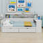 Lit de jour en bois avec tablettes de rangement, lit multifonctionnel avec deux tiroirs de rangement et bureau d'étude-81902773