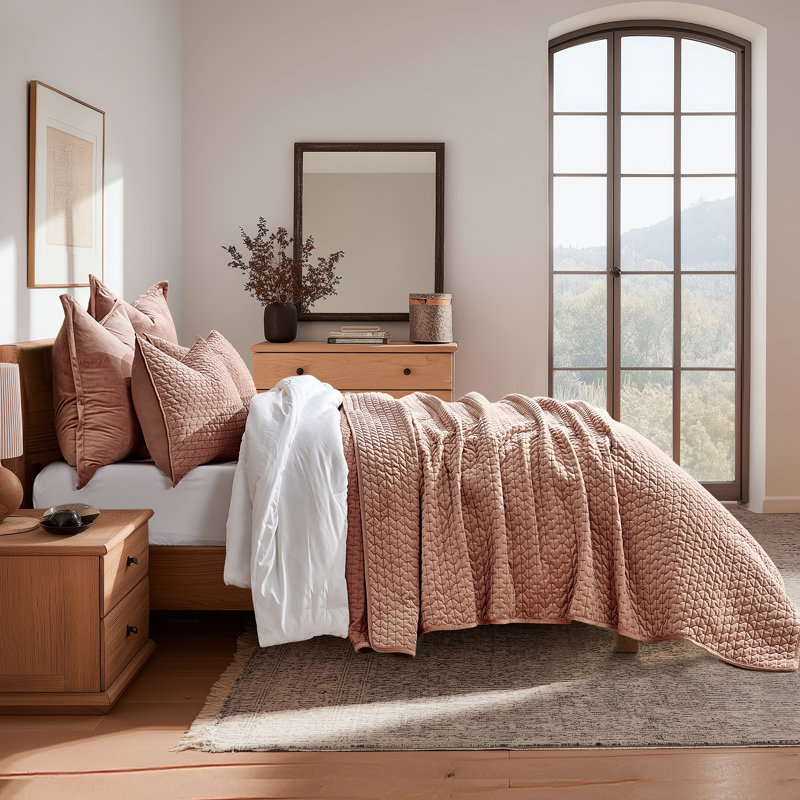 Cross-Stitch Velvet Quilt Set 3 Pieces, Queen, Light Taupe