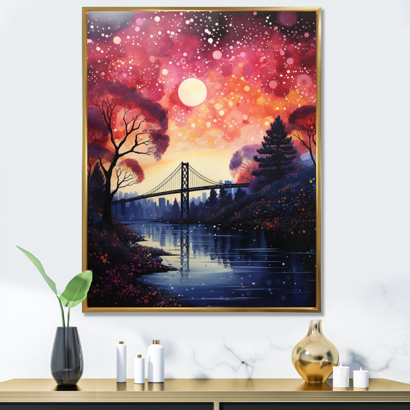 Pont rose Arnots, point de passage lumineux, H 20 po x l 12 po x P 1 po, Cadre flottant doré