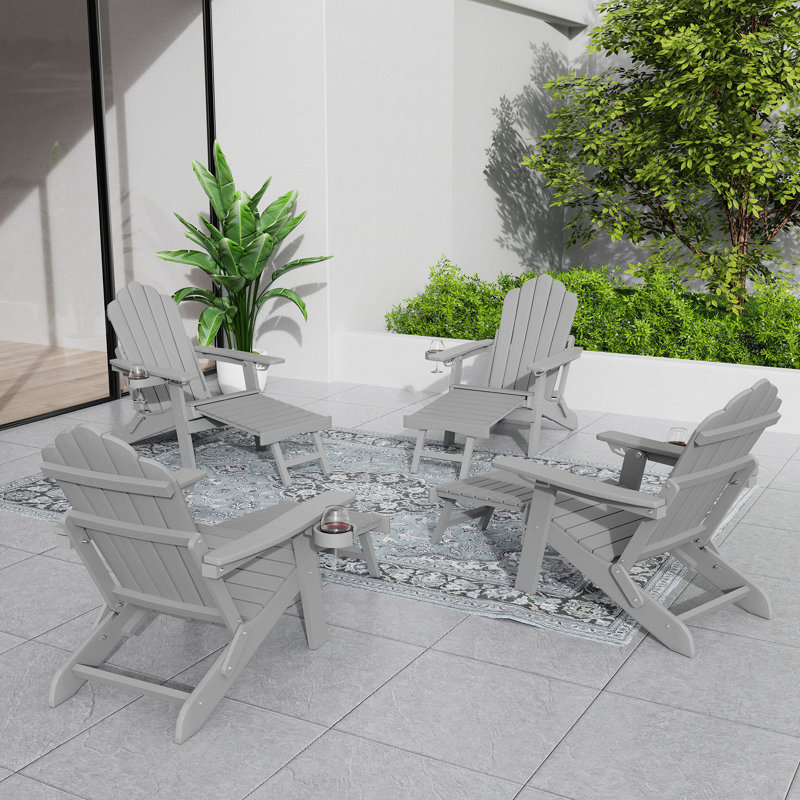 Folding Adirondack Chair with Cup Holders, Fire Pit Chair with Retractable Ottoman,  Multifunctional HIPS Chair for Porch, Patio, Balcony