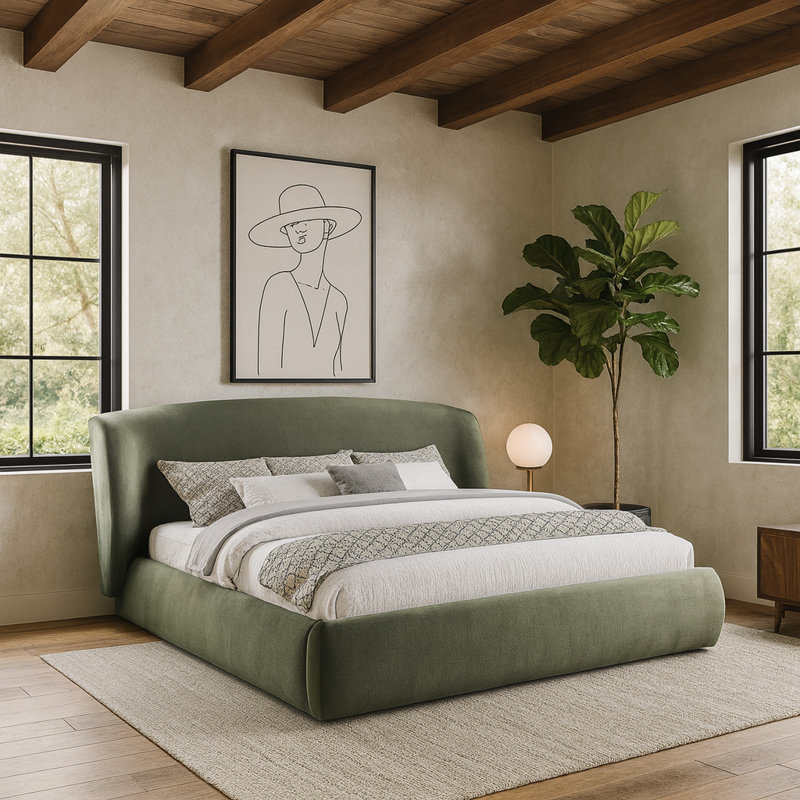 Lit tapissier Sandro, Tissu chenille vert, Double