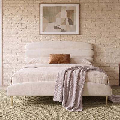 Upholstered Platform Bed Frame with Channel Tufted Headboard, Modern Minimalist Bed with Metal Legs for Contemporary Bedroom Furniture