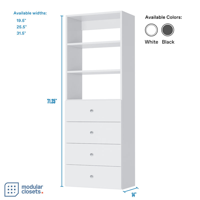 Modular Closets 4 Drawer Shelf Tower for Walk-in Closet Shelf, 71.25" H x 31.5" W x 14" D