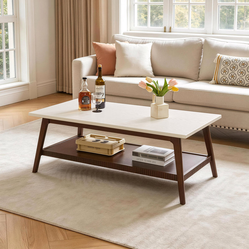 Table basse en caoutchouc massif avec tablette de rangement inférieure, White